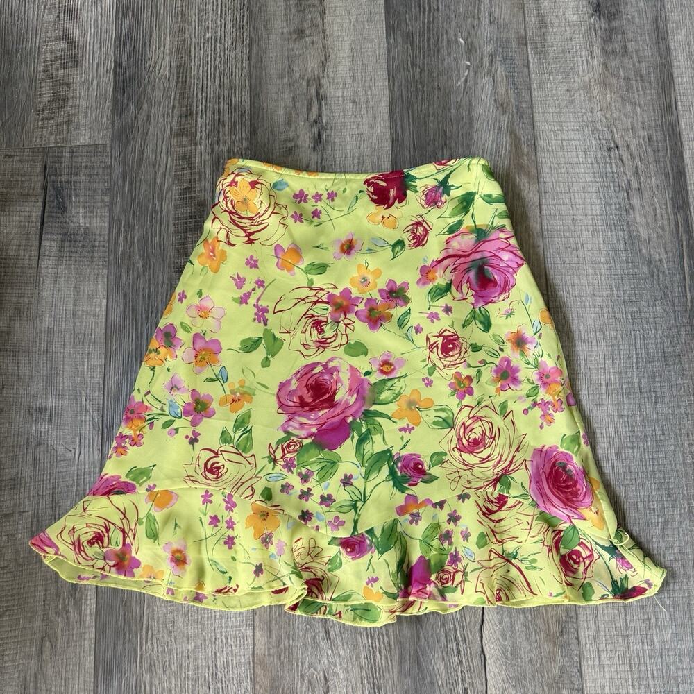 Vtg y2k Worthington Green Pink Floral Knee Length Skirt 12p Petite Chiffon Midi